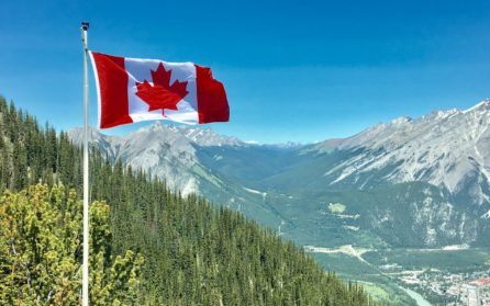 canadian flag in front of mountains and forest region